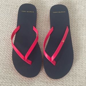 Tory Burch Women’s thin flip flops, leather straps, size 8, navy blue and pink